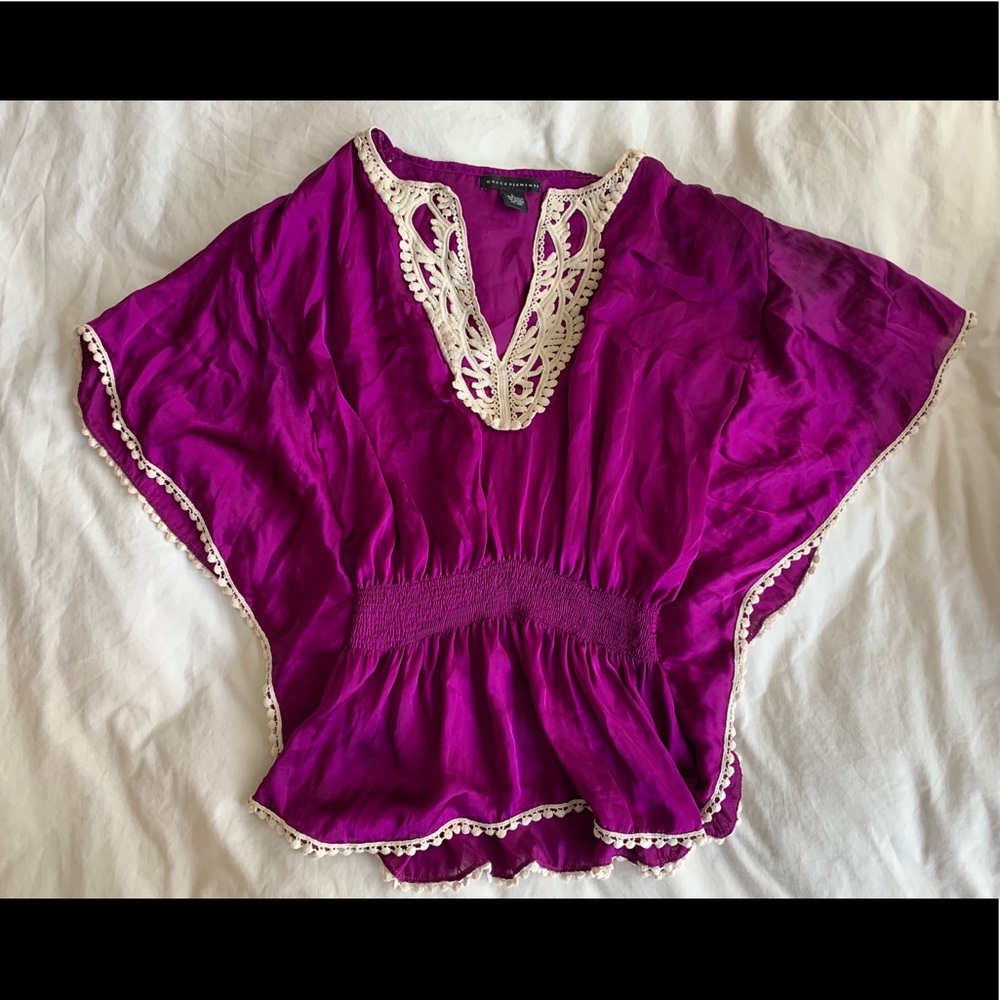 Boho Pink Magenta Tunic Blouse - Lace Details, L